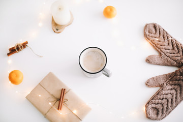 Christmas  New Year composition with decorations on white background. Flat lay, top view. Christmas, New Year,  Winter festive composition.