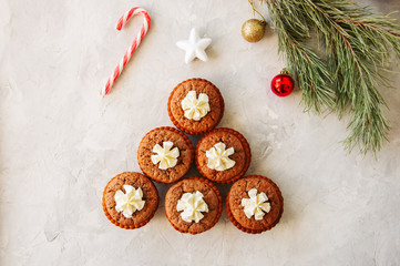 Brownie mins pies on a white background. Festive dessert concept.