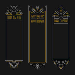 Merry Christmas and Happy New Year text. Art deco frames in outline style. 2019 Xmas banners in golden and silver colors.