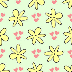 Fototapeta na wymiar Repeating abstract flowers and hearts. Cute floral seamless pattern.