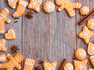 Homemade Christmas cookies on wooden background