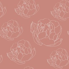 Seamless floral pattern with white line silhouette tulip on pink background.