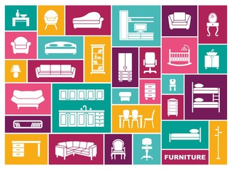 Furniture icon set in flat style. Vector illustration