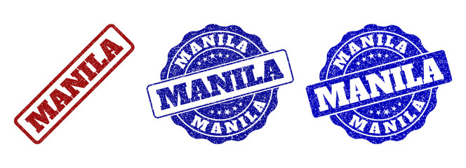 MANILA grunge stamp seals in red and blue colors. Vector MANILA signs with grunge style. Graphic elements are rounded rectangles, rosettes, circles and text tags. Designed for rubber stamp imitations.