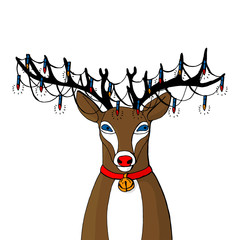 reindeer with big black horns and red collar with bell
