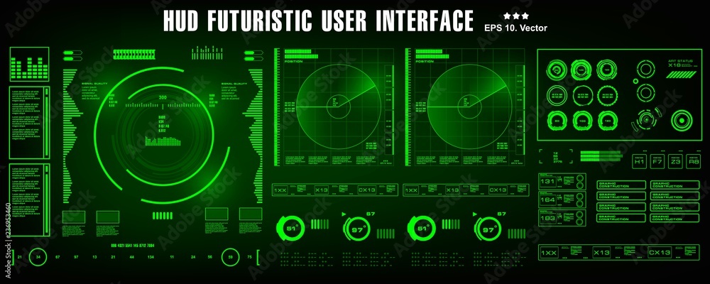 Poster hud futuristic green user interface, dashboard display virtual reality technology screen