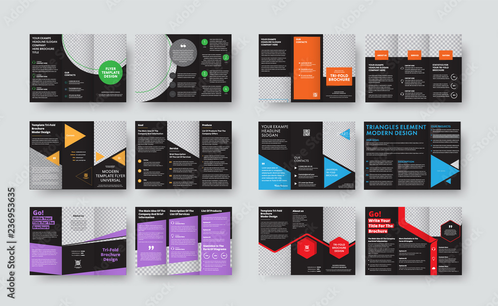 Poster Set of vector black templates for tri-fold brochures with space for photos and various geomteric forms.