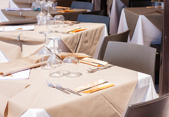 Serving on the table on the terrace of restaurant in Syracuse, Sicily, Italy