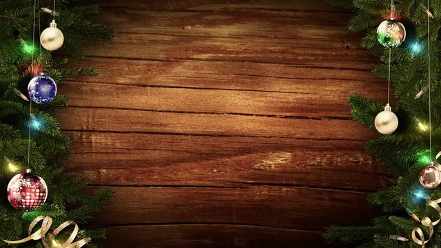 Bright festive Christmas frame on an old rustic wooden table to create an amazing magic atmosphere. looped