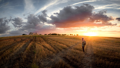 very warm sunset in the plain of the pasture with abandoned house and trees in the background