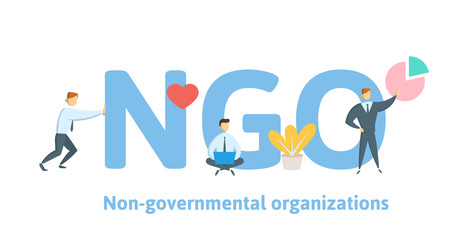 NGO, Non-Governmental Organization. Concept with keywords, letters and icons. Colored flat vector illustration on white background.