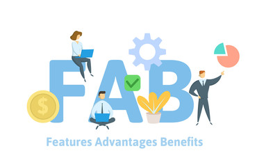 FAB, Features Advantages Benefits. Concept with keywords, letters and icons. Colored flat vector illustration on white background.