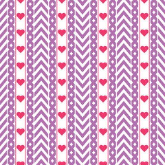 Vector purple chevron pattern with red hearts on a white background. Perfect love theme seamless pattern for packaging, wrapping paper, scrapbooking, cards.