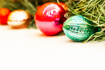 Christmas composition with retro decoration on white wooden background with copy space for your text