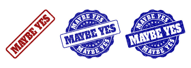 MAYBE YES grunge stamp seals in red and blue colors. Vector MAYBE YES labels with grainy surface. Graphic elements are rounded rectangles, rosettes, circles and text labels.