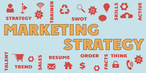 MARKETING STRATEGY Panoramic Banner with icons and tags, words. Hi tech concept. Modern style