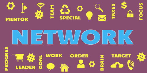 NETWORK Panoramic Banner with icons and tags, words. Hi tech concept. Modern style