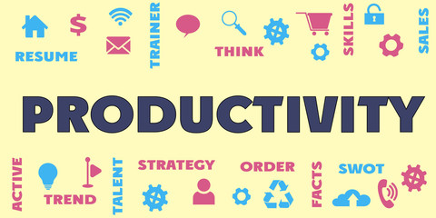 PRODUCTIVITY Panoramic Banner with icons and tags, words. Hi tech concept. Modern style