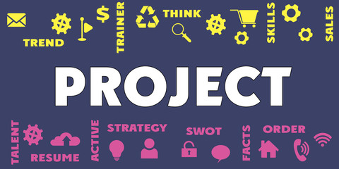 PROJECT Panoramic Banner with icons and tags, words. Hi tech concept. Modern style