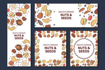 Set of Nut food banners with hazelnut, walnut, pine nuts, pecan, peanut.