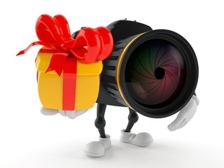 Camera character holding gift