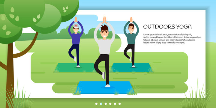 Group of young men practicing yoga in the park. Banner, site, Poster Template With Place for Your Text