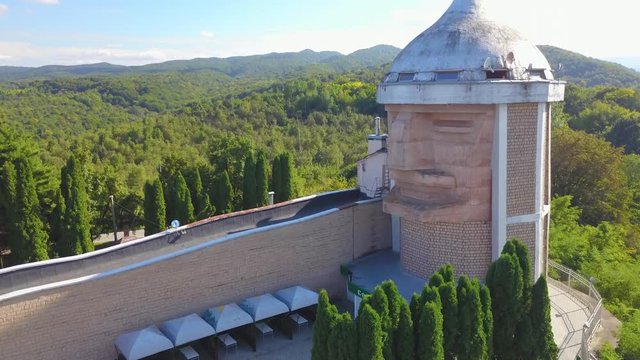 Closeup of head and face of monument to hero of Nart epic Sosruko in Nalchik
