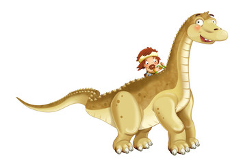 Naklejka premium cartoon happy scene with caveman man on diplodocus on white background - illustration for children