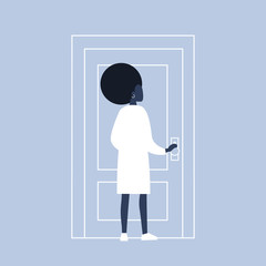 Young black female character holding a door knob. Entering the building. Flat editable vector illustration, clip art