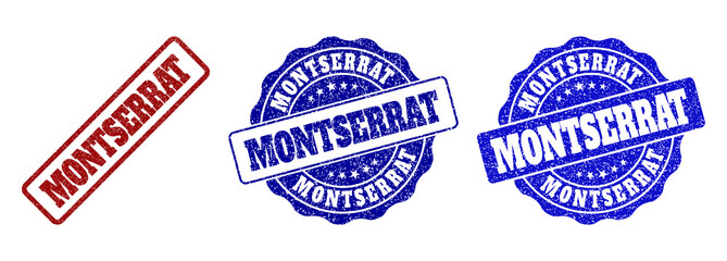 MONTSERRAT grunge stamp seals in red and blue colors. Vector MONTSERRAT labels with draft surface. Graphic elements are rounded rectangles, rosettes, circles and text labels.