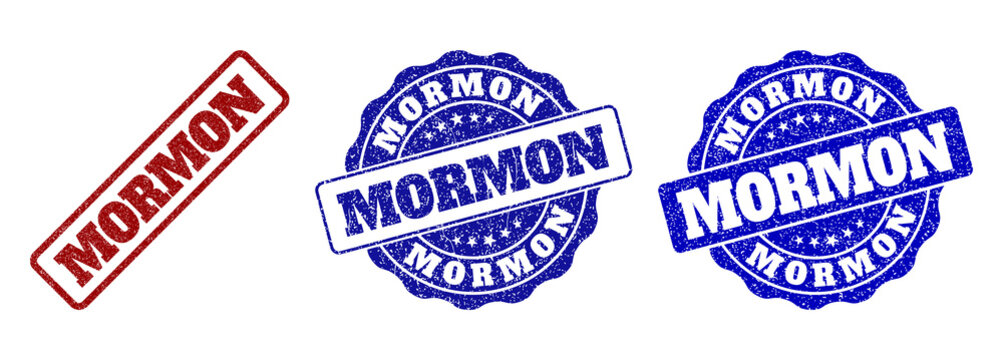 MORMON grunge stamp seals in red and blue colors. Vector MORMON overlays with scratced effect. Graphic elements are rounded rectangles, rosettes, circles and text tags.