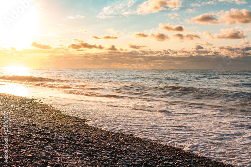 Seashore With Waves At Sunset Sunset Seascape Nature Wallpaper And
