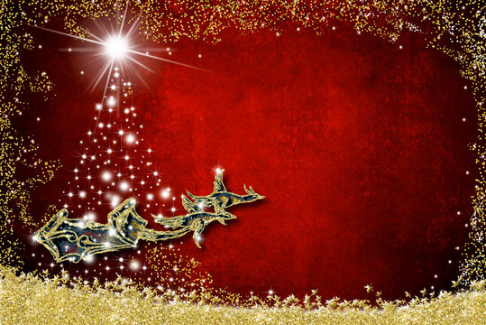 Christmas background  greeting card. Santa Claus sleigh
