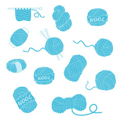 Collection of hand drawn light blue balls of yarn for knitting on white background