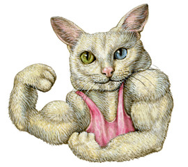 funny white cat champion bodybuilder. cartoon illustration watercolor, hand painting