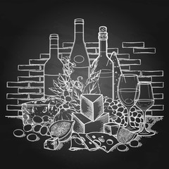 Graphic wine glasses and bottles decorated with delicious food