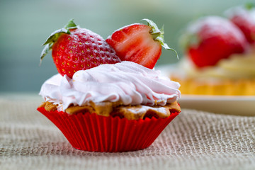 Tasty strawberry cream cake. Pastry. Sweet dessert