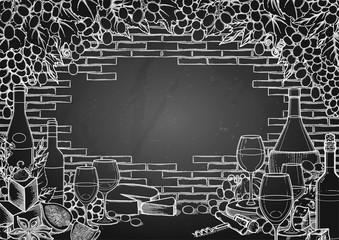 Graphic wine glasses and bottles decorated with delicious food