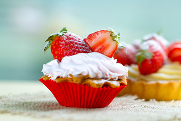 Tasty strawberry cream cake. Pastry. Sweet dessert