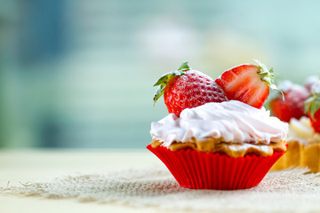 Tasty strawberry cream cake. Pastry. Sweet dessert