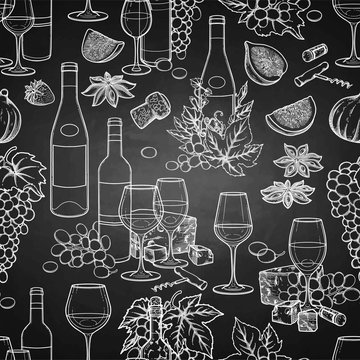 Graphic wine glasses and bottles decorated with delicious food