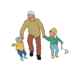 Uśmiechnięty stary człowiek chodzenie z dwójką małych dzieci. - 236965051