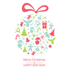 Merry Christmas and Happy New Year greeting card with abstract Christmas ball.
