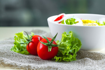 Fresh, healthy vegetable salad with lettuce, cherry tomatoes, onion, feta cheese, lemon, sprinkled with spices in a plate. Proper nutrition and right food. Diet