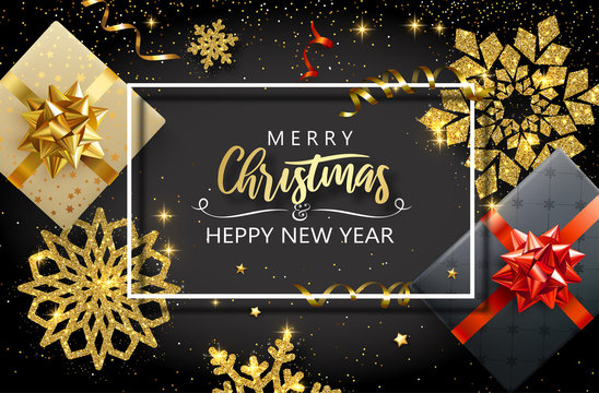 Merry Christmas and Happy New Year card with gifts and golden snowflakes.