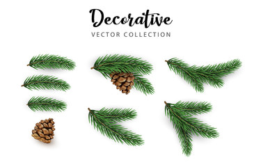 Set of green decorative fir branches with cones isolated on white for Christmas and New Year design. - 236966223