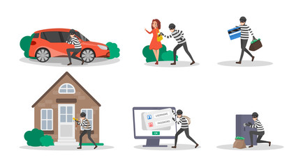 Thief man or burglar set. Collection of criminal