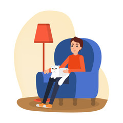 Man sit in armchair in comfort and holding cat