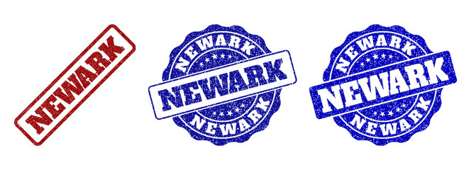 NEWARK scratched stamp seals in red and blue colors. Vector NEWARK labels with draft surface. Graphic elements are rounded rectangles, rosettes, circles and text labels.