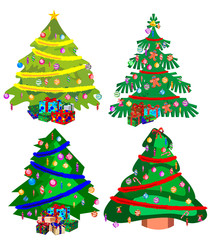 Star decorations, balls and light chains decorated Christmas trees with lots of gift boxes.